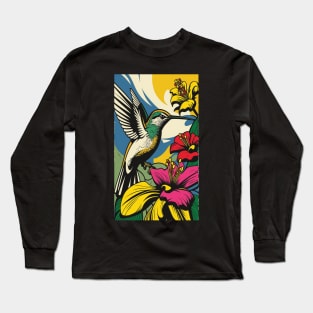 Hummingbird Vibrant Tropical Flower Tall Retro Vintage Digital Pop Art Portrait 3 Long Sleeve T-Shirt